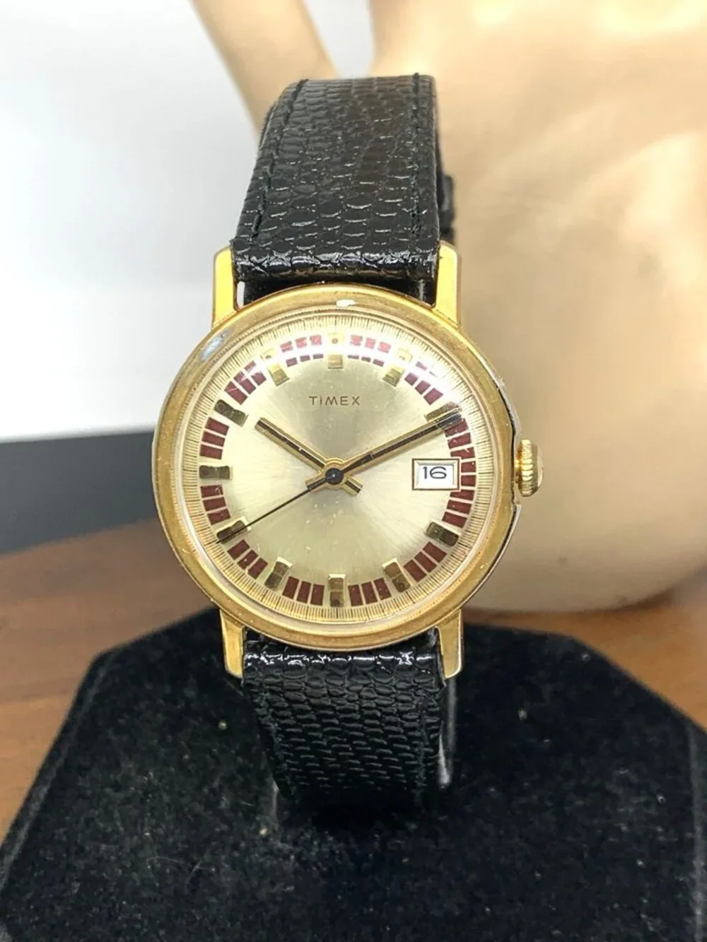 Timex Men's Watch Vintage Manual Wind Gold Dial Black Leather Strap 33mm